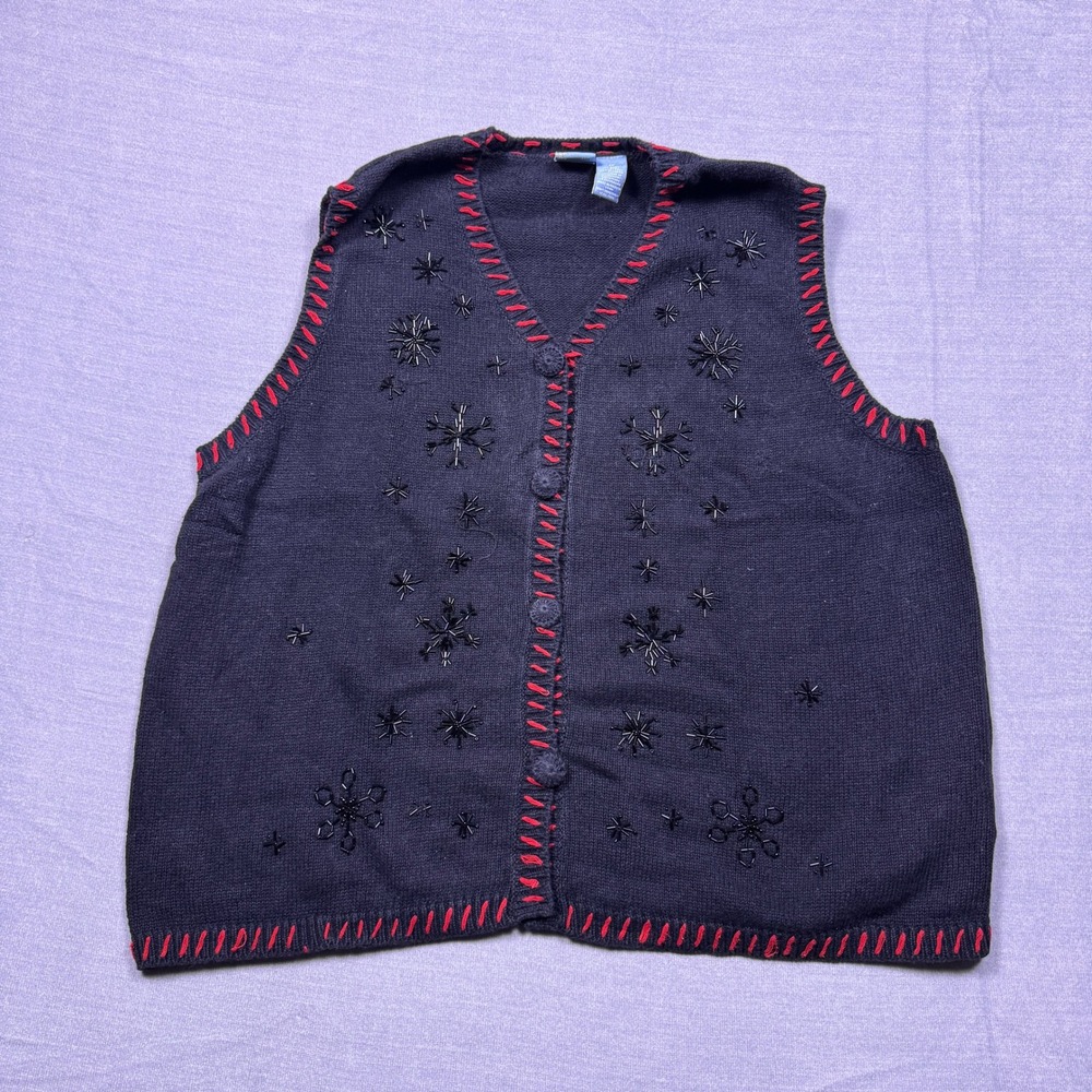 Holiday Editions Womens 2X Cardigan Sweater Vest Black Red‎ Snowflake Holiday